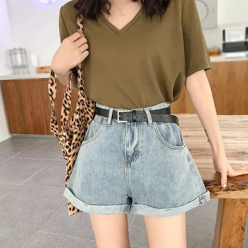 Women Denim Jean Shorts High Waisted Casual Summer Folded Hem Short Jeans with Pockets