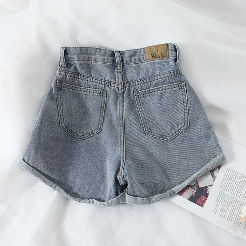 Women Denim Jean Shorts High Waisted Casual Summer Folded Hem Short Jeans with Pockets