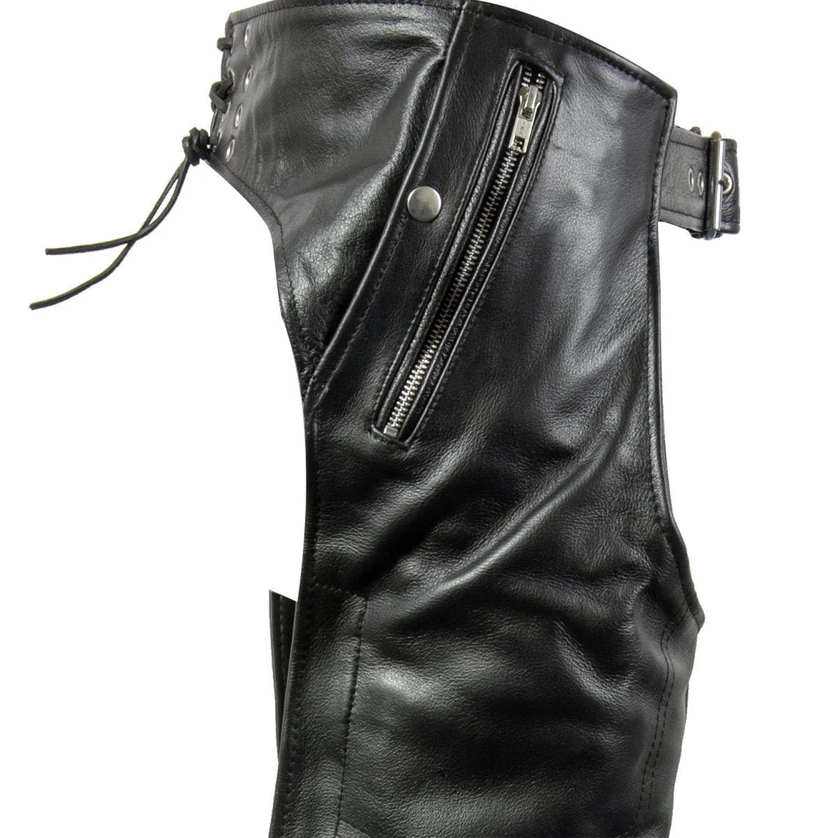 Xelement B7700 Motorcycle Leather Chaps for Men - Comfort Elastic Thigh High Grade Black Cowhide Overpants