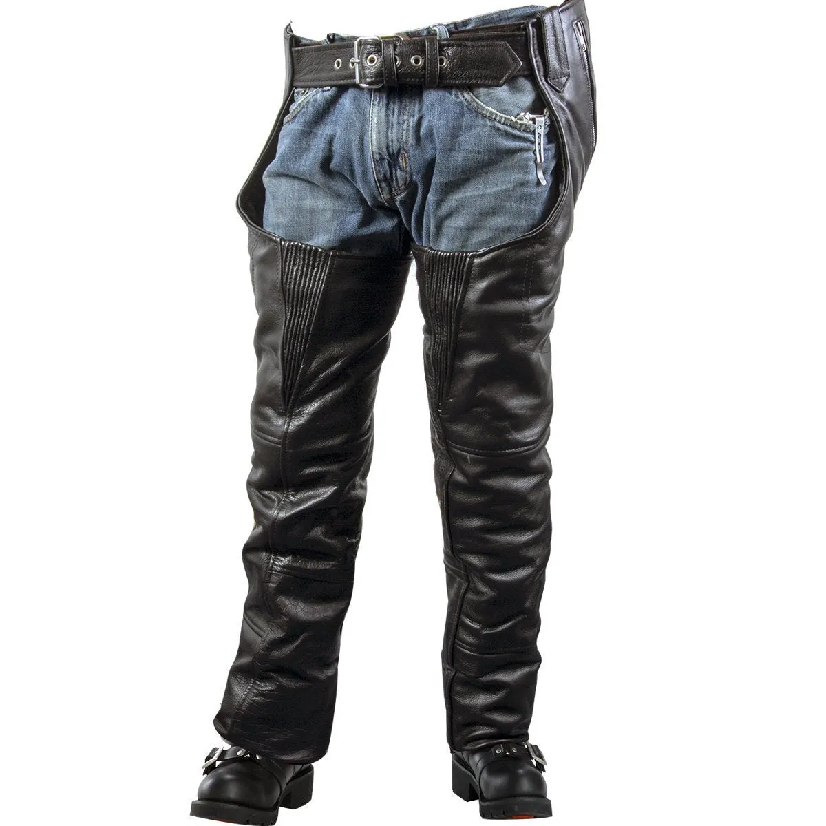 Xelement B7700 Motorcycle Leather Chaps for Men - Comfort Elastic Thigh High Grade Black Cowhide Overpants