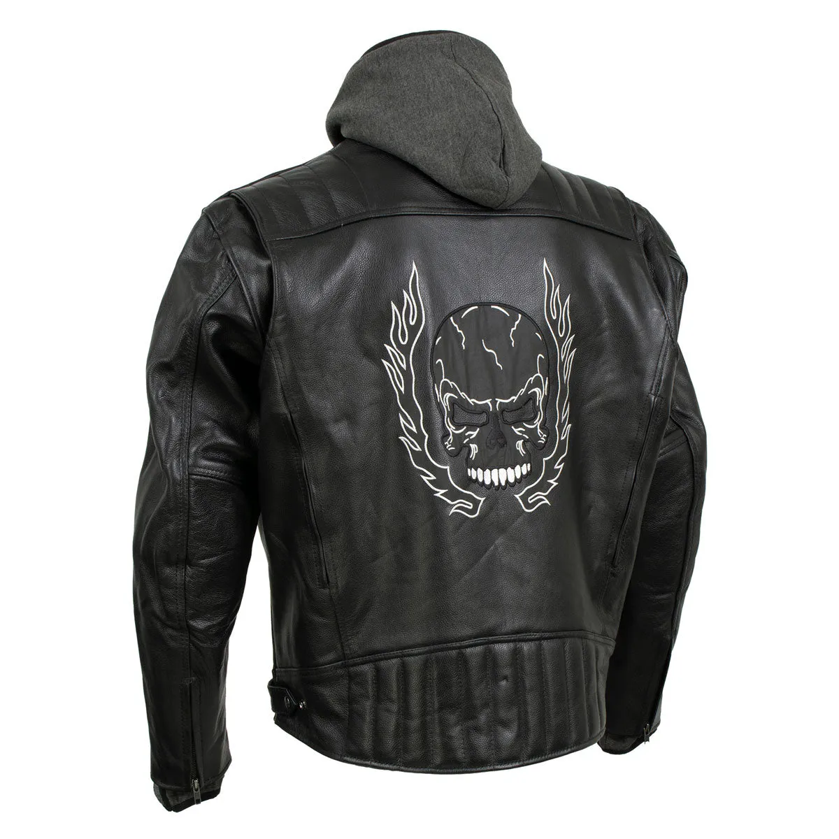 Xelement BXU573 Men's Black 'Alibi' Armored Leather Motorcycle Jacket with Skull Embroidery and Hoodie